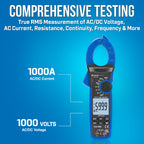 Jonard Tools ACM-1000 Digital Clamp Meter, 1000V/1000A TRMS Multimeter with 42mm Clamp, Non-Contact Voltage Tester, Measures AC/DC Voltage, Current, Continuity, Frequency, Capacitance