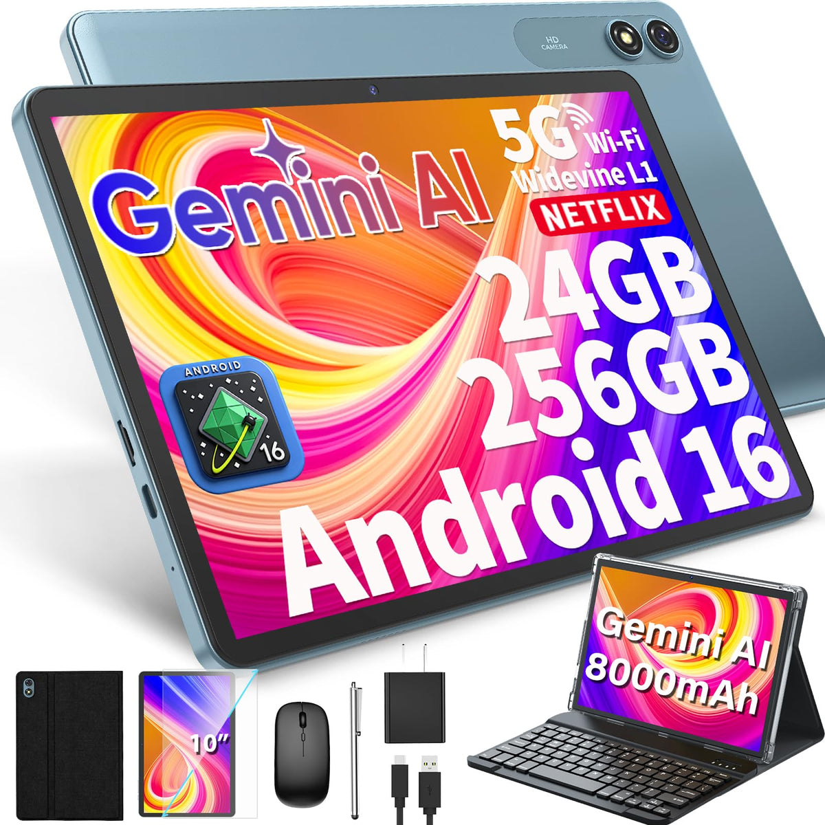 10 inch Tablet with Keyboard - Android 16 Tablet with 24GB+256GB+2TB Expand