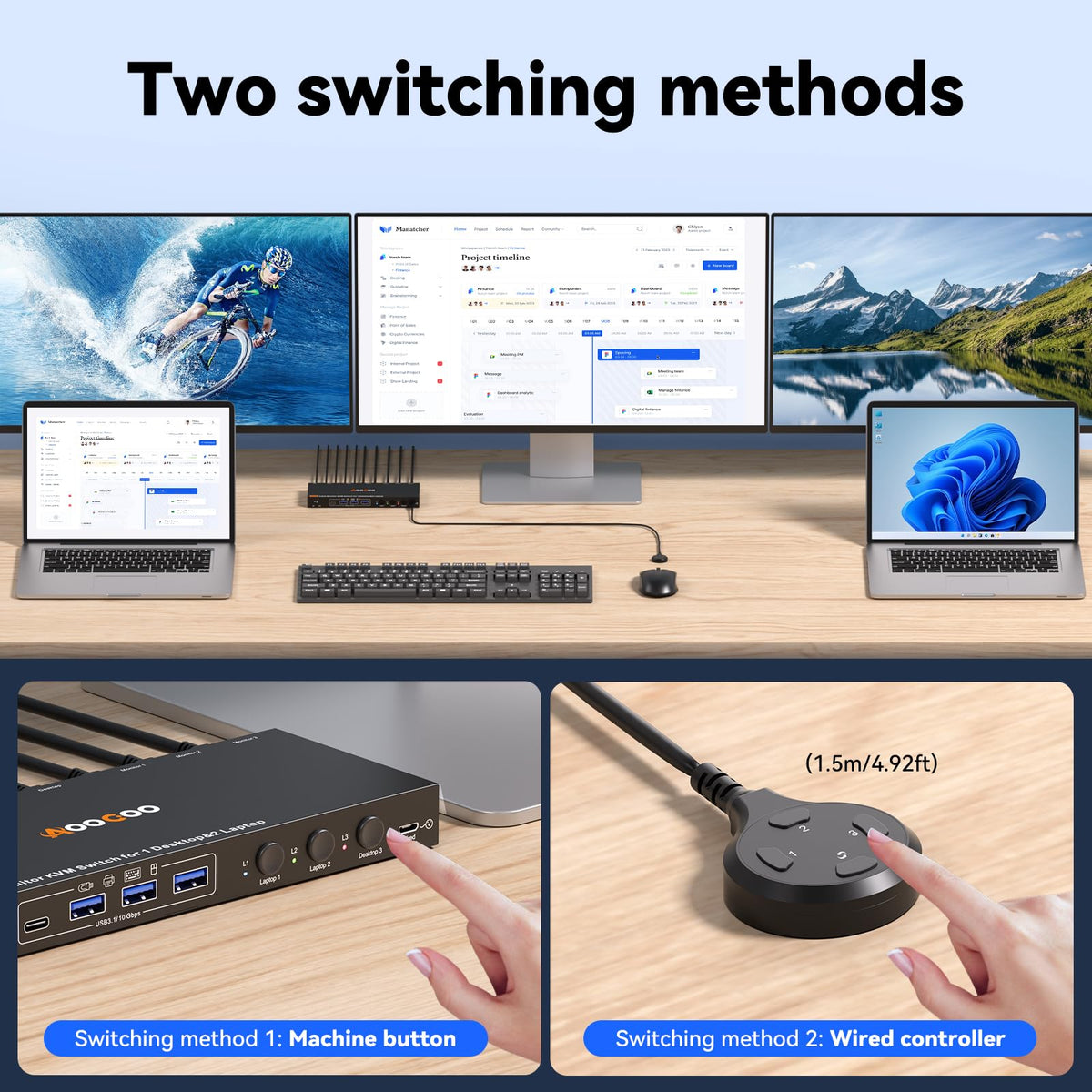 USB C DP KVM Switch 3 Computers 3 Monitors,4K/1080P@60Hz MST KVM Switch for 1 PC&2 Laptop Share 3 Monitor with 4 USB3.0 Devices,PD for Laptop, USB Cables and Power Adapter(4K USB C DP 3 in 3 Out KVM)