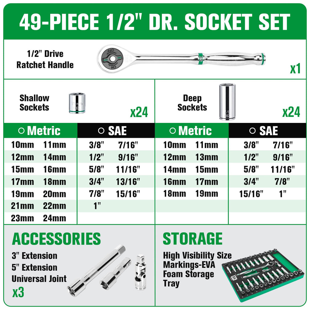 SK Tools USA 1/2" Drive, 49 Piece, 6 Point, Standard & Deep, SAE & Metric Chrome Socket Set | SK01456-216P