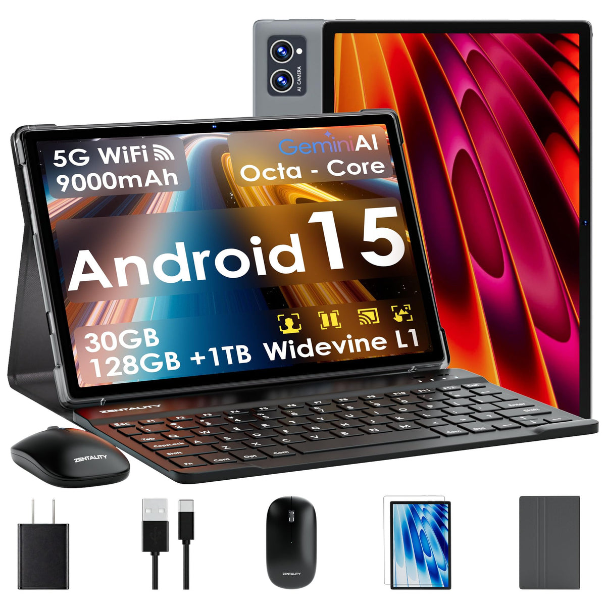 2026 Tablet 10 inch Android 15 Tablets with Keyboard 30GB RAM + 128GB ROM (Expand 1TB ) IPS Display Octa-Core Processor 9000mAh WiFi BT 5.0 w/ Gemini AI, Face Unlock, Split Screen, Screen Mirroring