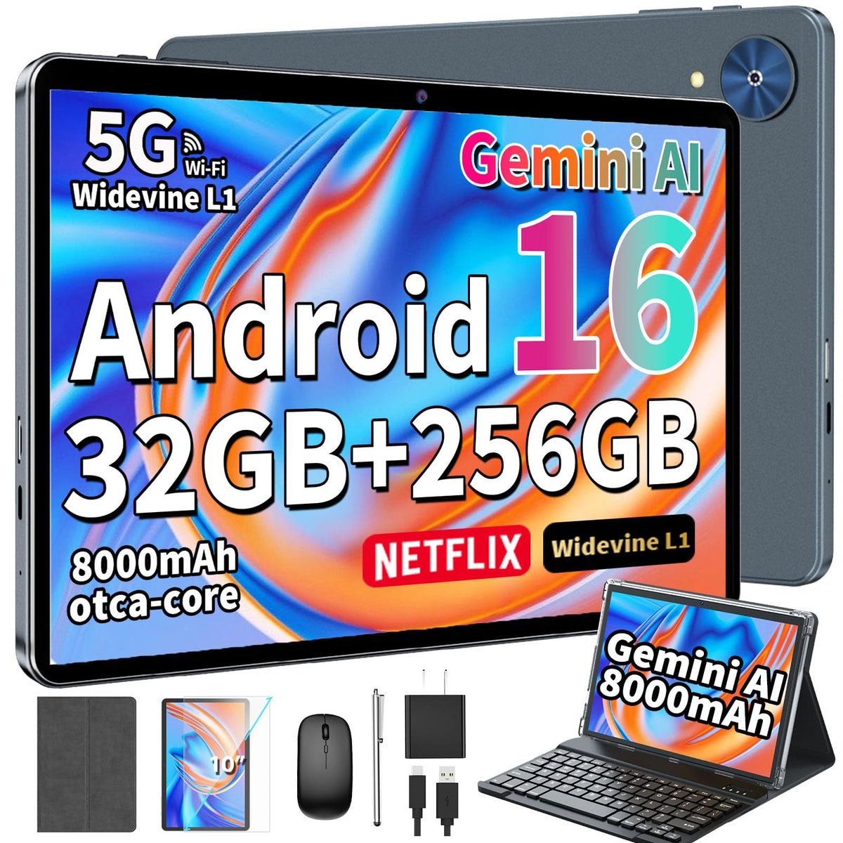 Tablet, 10 Inch Android 16 Tablet with Keyboard, Gemini AI, 32GB+256GB+2TB