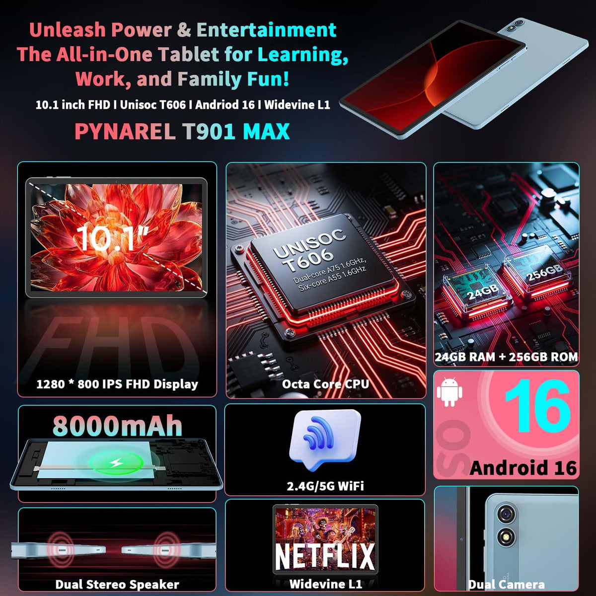 10 inch Tablet with Keyboard - Android 16 Tablet with 24GB+256GB+2TB Expand