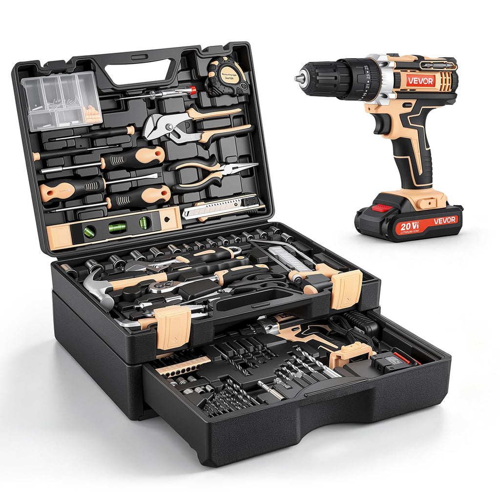 VEVOR Mechanics Tool Set, 308-Piece Mechanic Tool Kit, 1/4 in, 3/8 in, and 1/2 in Drive, SAE and Metric Socket Set, Wrenches, Screwdriver Bits, Accessories, and Storage Case, for Automotive Repair