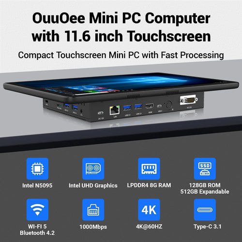 11.6" Mini PC Computer Industrial Embedded Panel PC N5095, Win 11 Mini Tablet with Touchscreen, 8GB RAM 128GB eMMC, Dual 4K Screen Display HDMI2.0 & Type-C3.1, Dual RS232, WiFi5, BT4.2