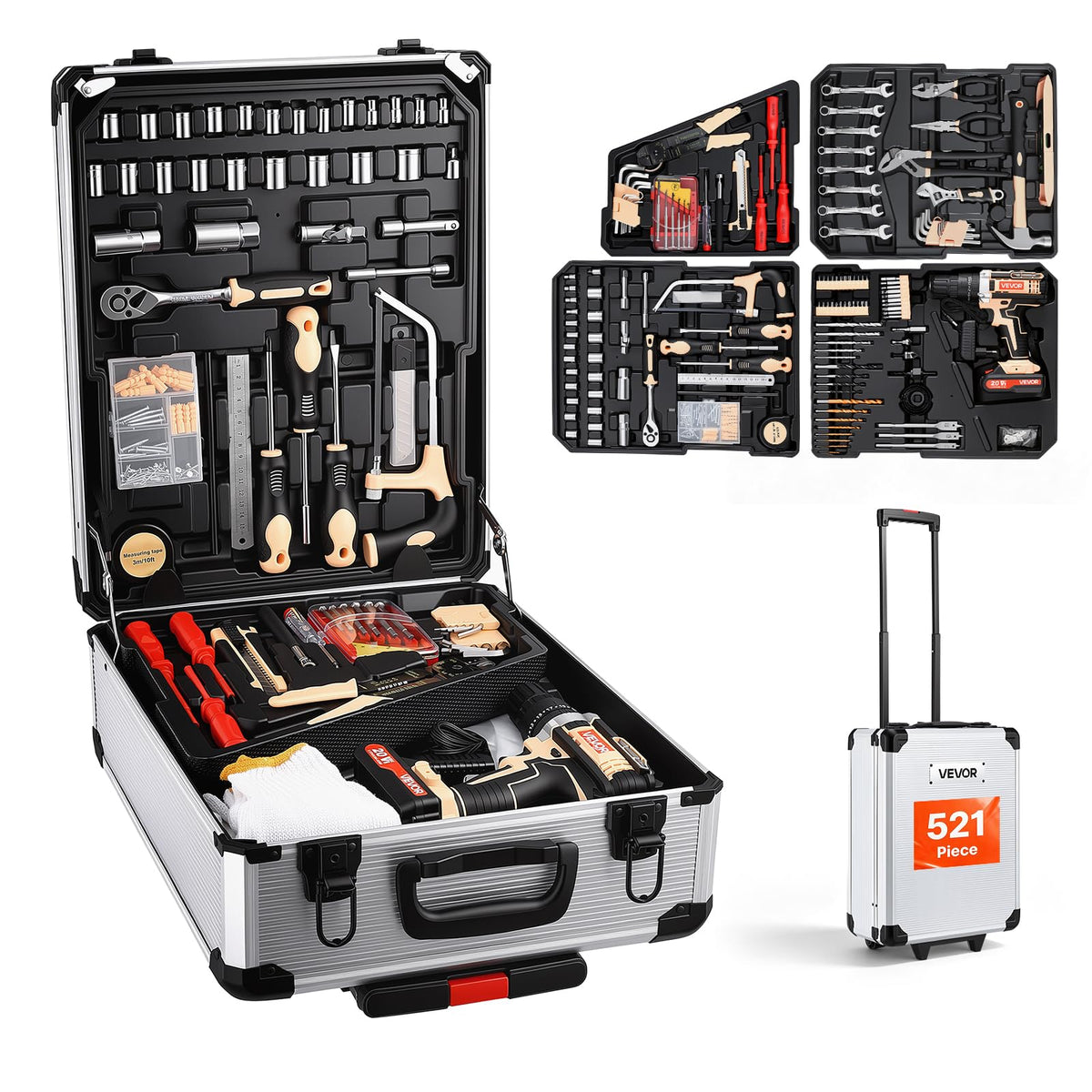 VEVOR Mechanics Tool Set, 308-Piece Mechanic Tool Kit, 1/4 in, 3/8 in, and 1/2 in Drive, SAE and Metric Socket Set, Wrenches, Screwdriver Bits, Accessories, and Storage Case, for Automotive Repair