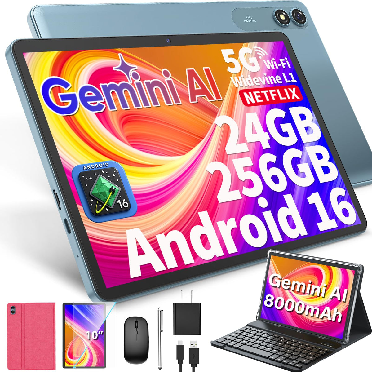 10 inch Tablet with Keyboard - Android 16 Tablet with 24GB+256GB+2TB Expand