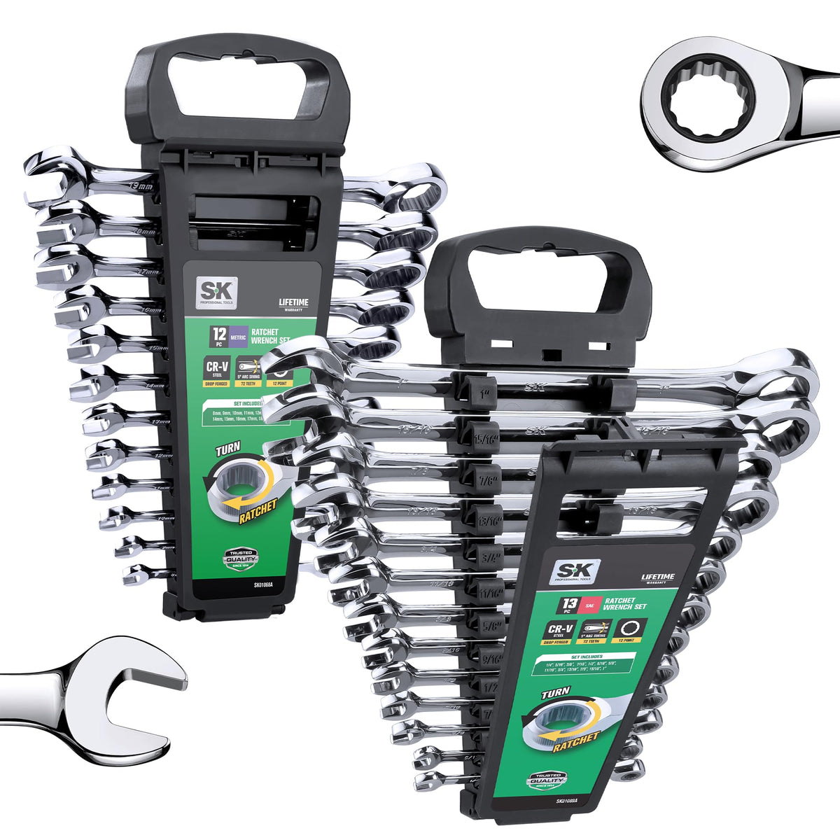 SK Ratchet Wrenches Set, SAE 1/4" to 1", Metric 8 to 19mm, 25-Piece