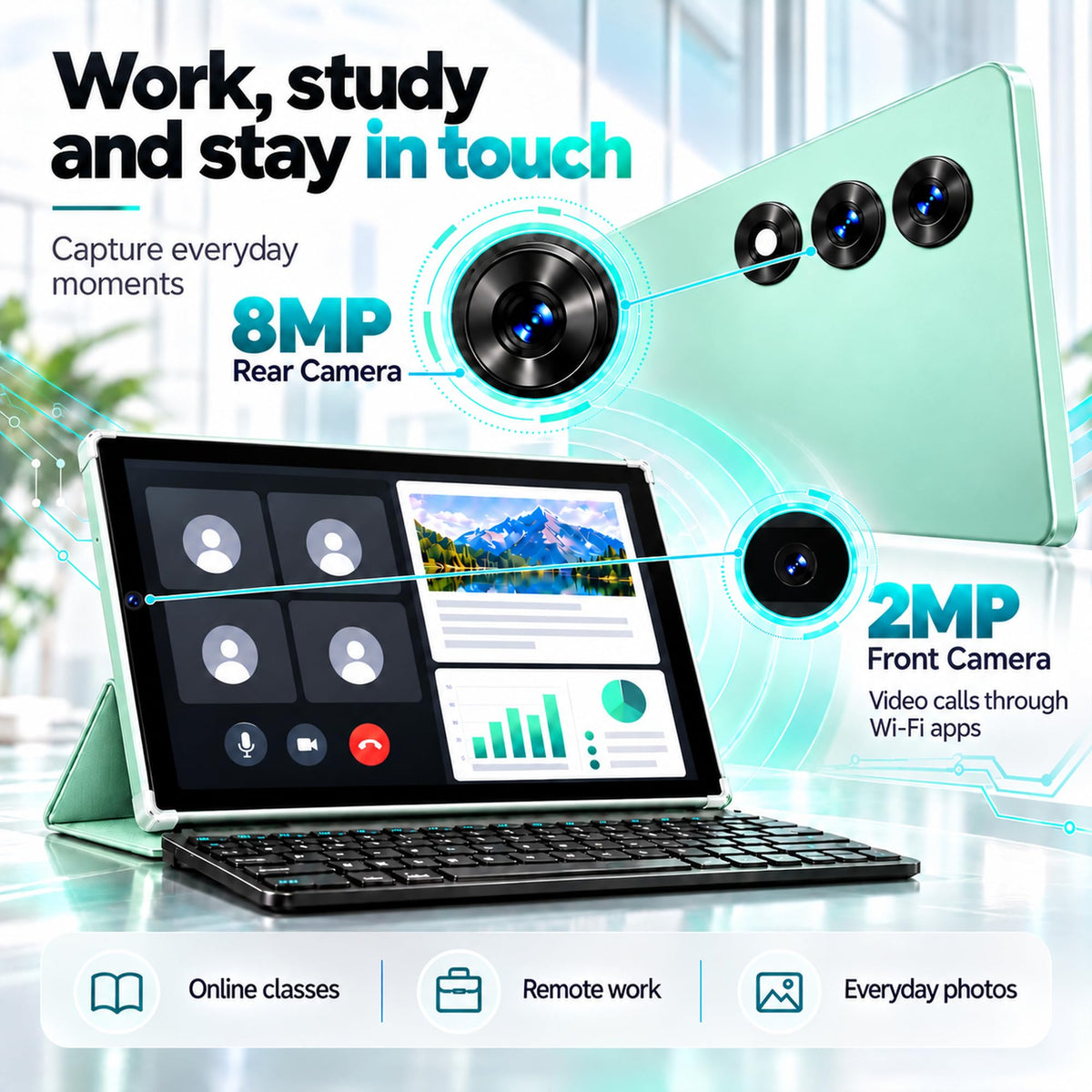 Android 17 Tablet with Keyboard, Gemini AI/SI, 8000mAh, Metal Green