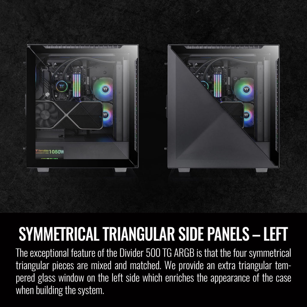 Thermaltake Divider 500 TG Black Color ARGB ATX Mid Tower Tempered Glass Computer Case with 3 120mm 5V ARGB Front Fans + 1 120mm Standard Rear Fan + 2 Symmetrical Triangular Panels CA-1T4-00M1WN-01