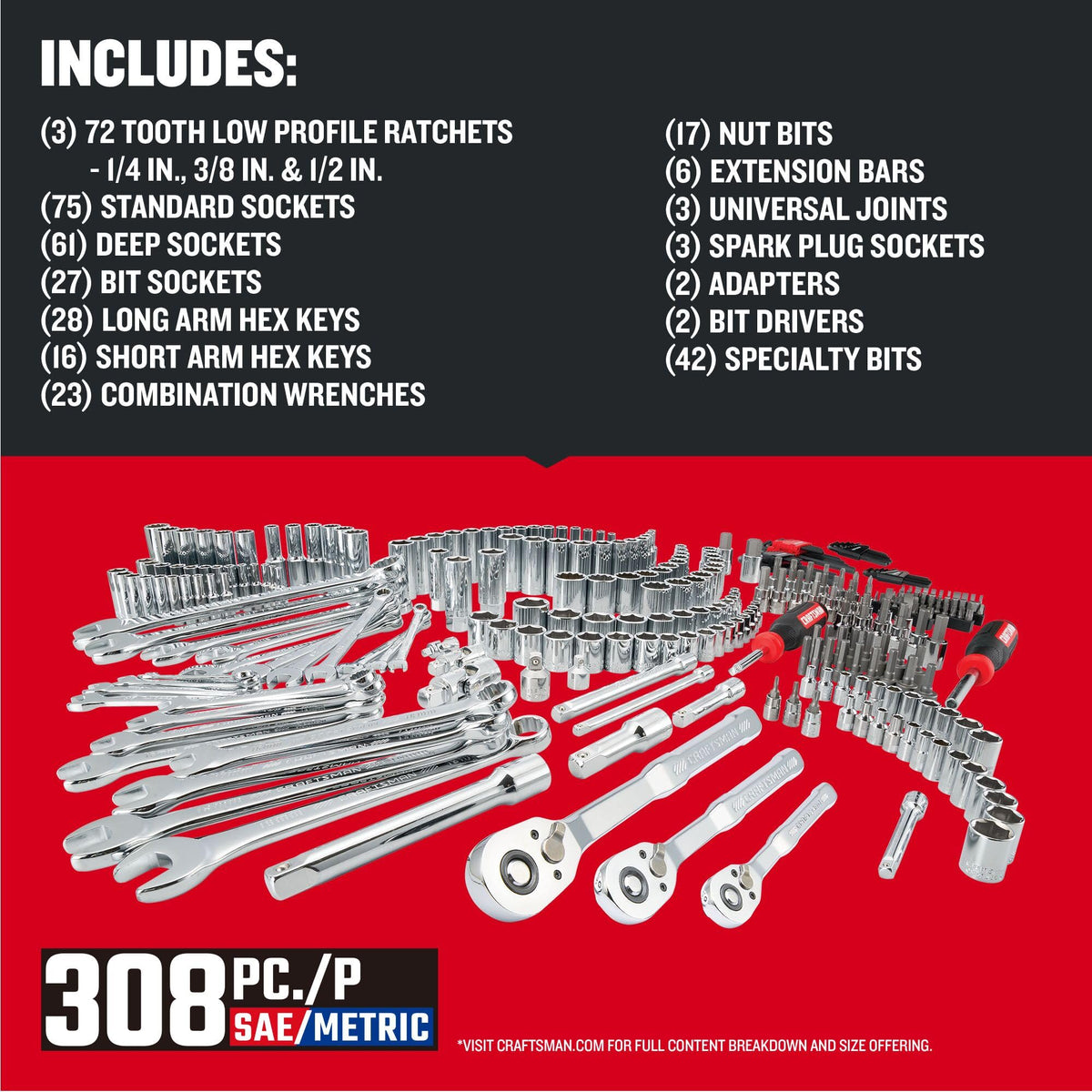 CRAFTSMAN 308 Piece Mechanics Tool Set, Socket and Wrench Set (CMMT45939)