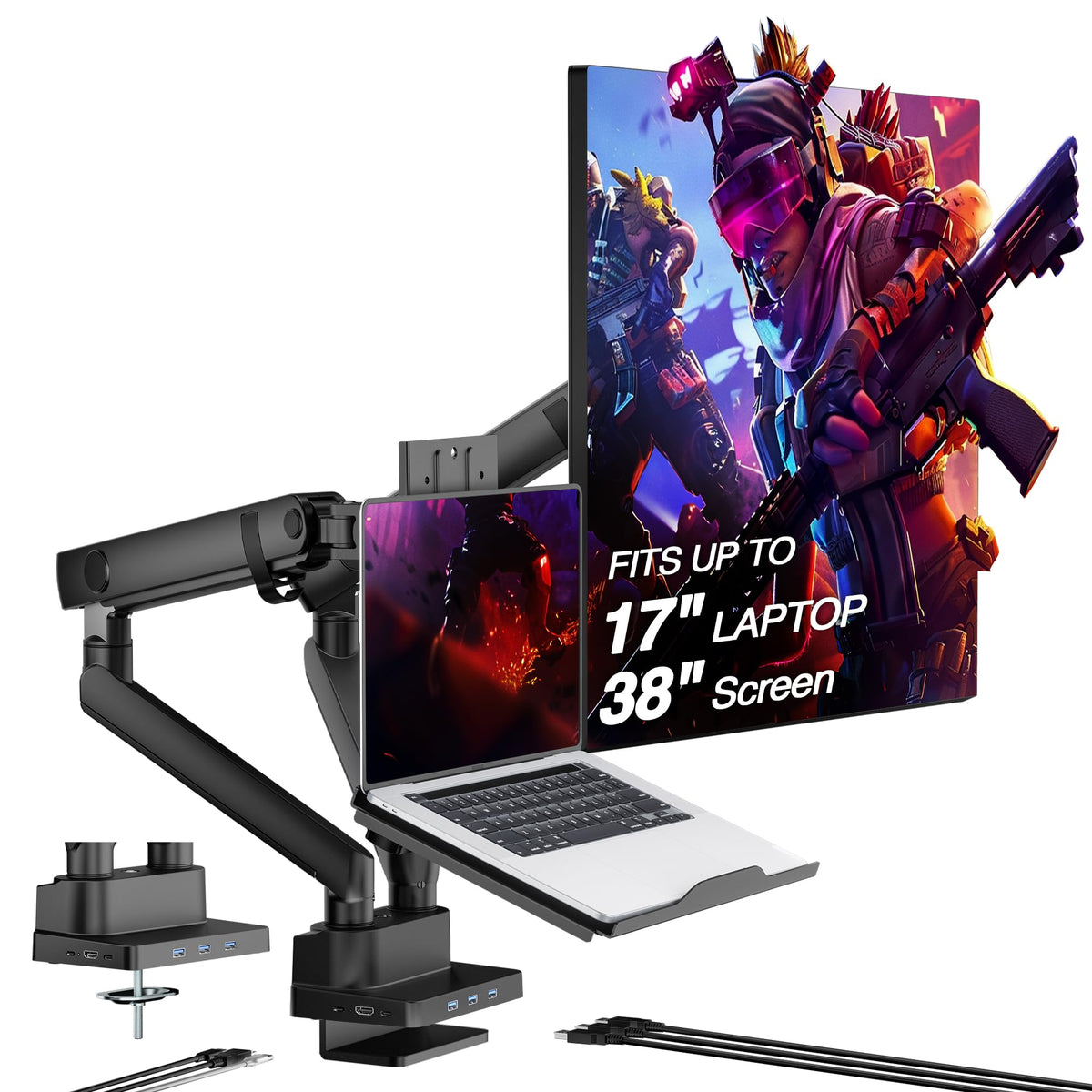 AVLT Laptop & Monitor Arm Desk Mount for 17-38" Screens, USB-C Dock - Gray