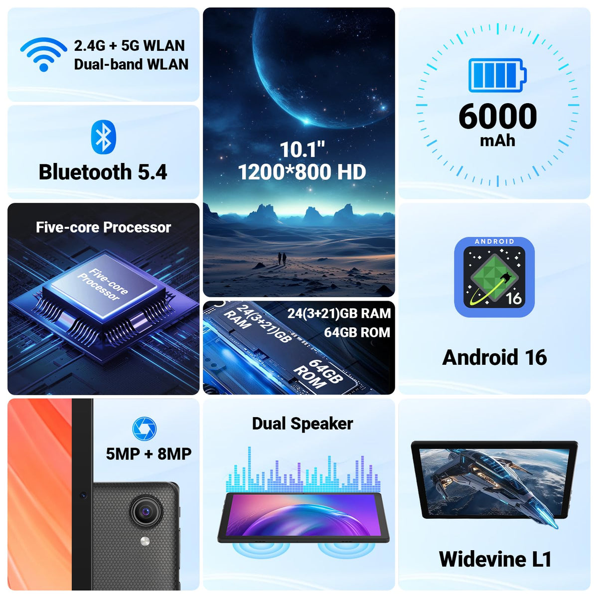 Tablet, 10.1" Android 16 Tablet, 24GB RAM 64GB ROM 1TB Expand