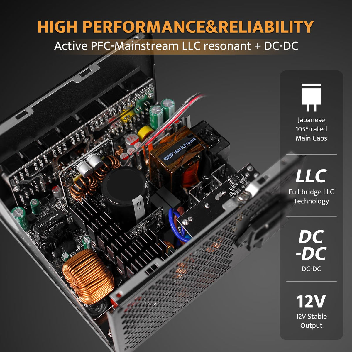 darkFlash PMT1250 Fully Modular Power Supply ATX 3.1& PCIe 5.1 Ready, 12VHPWR Cable Included, 100% Japanese 105°C Capacitors, 80 Plus Gold Gaming PSU, Compact 150mm Size, 5 Year Warranty(Black)