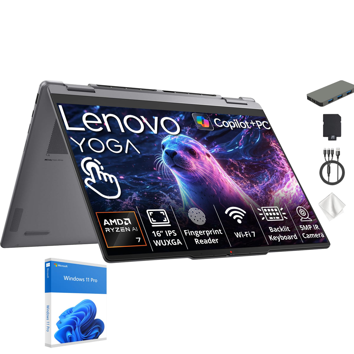 Lenovo Yoga 7a 2-in-1 16" WUXGA Touchscreen Laptop, AMD Ryzen AI 7 445, 16GB LPDDR5X, 2TB Storage (1TB SSD+1TB Docking Station), Copilot+ PC, Backlit Keyboard, Fingerprint, Win 11 Pro, Seashell