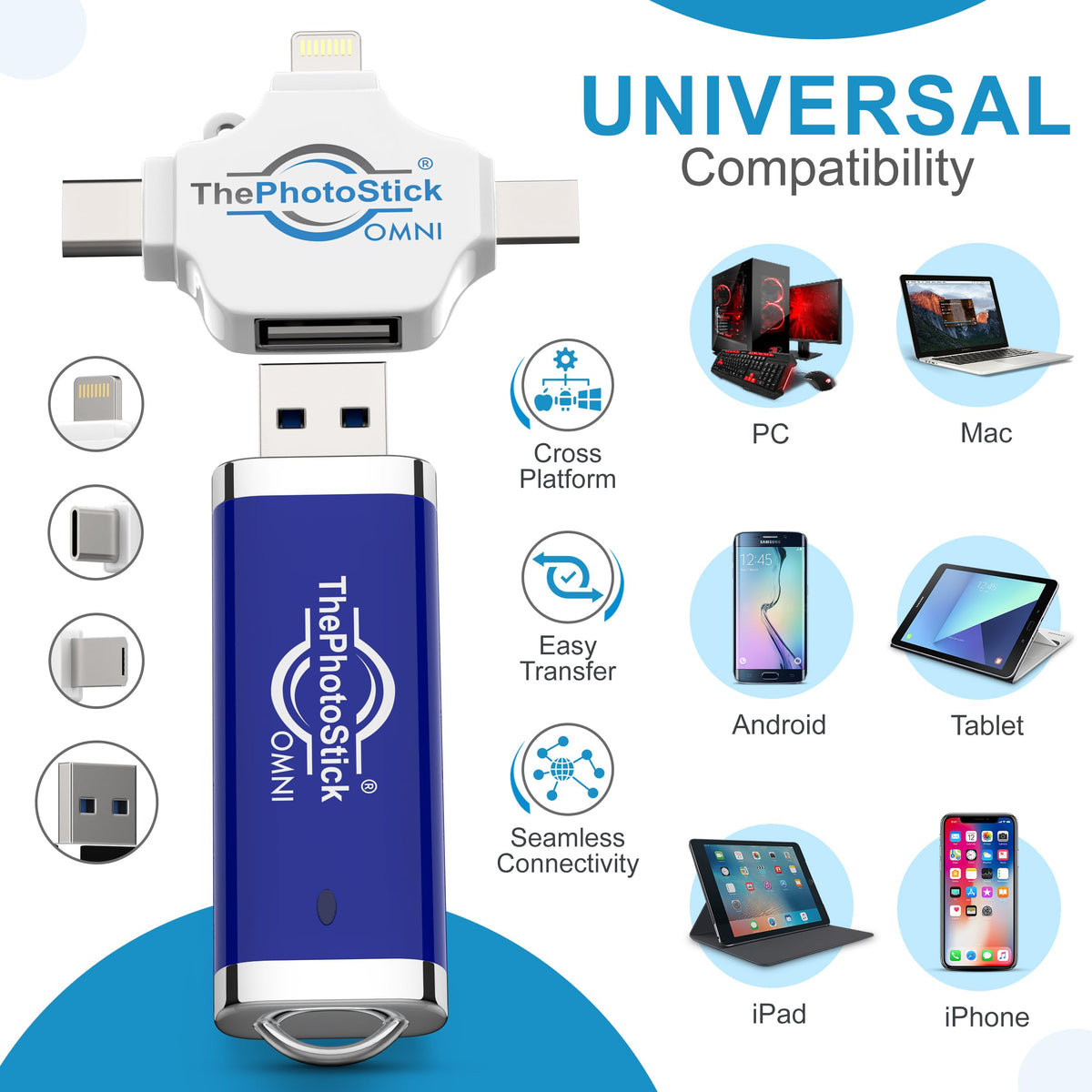 ThePhotoStick® Omni 256GB Photo Backup for iPhone, Android and Computers