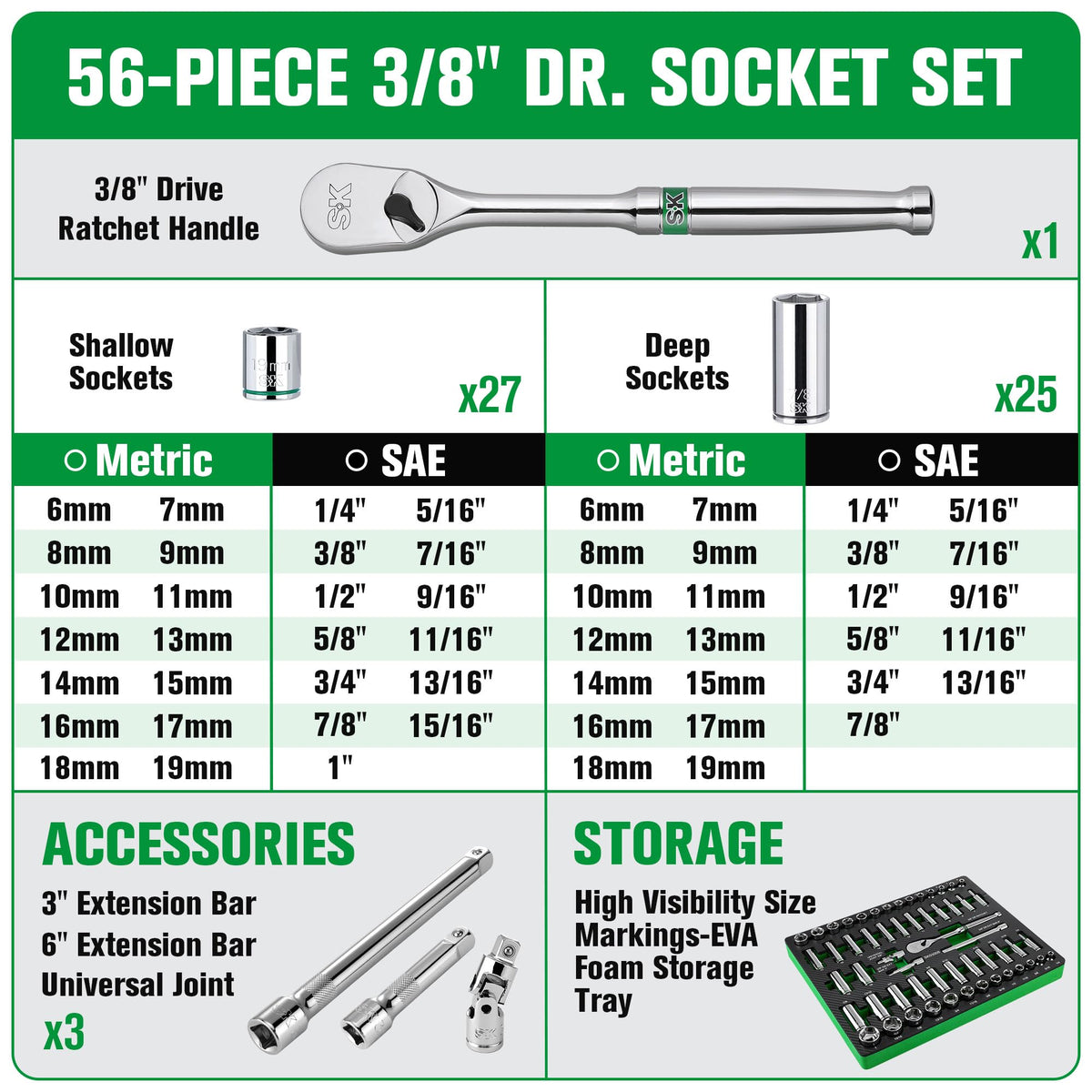 SK 3/8" Drive Socket Set with 90-Tooth Ratchet, SAE & Metric, CR-V Steel