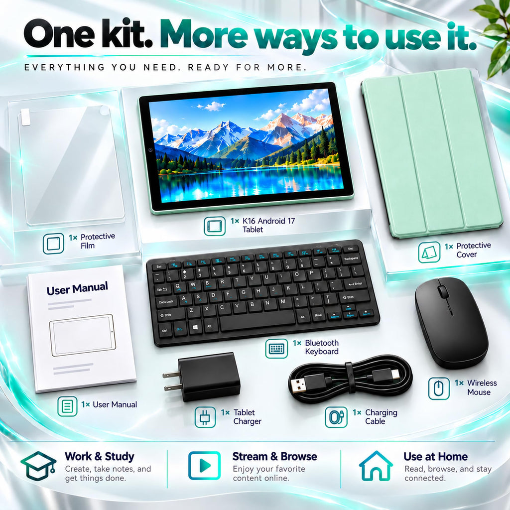 Android 17 Tablet with Keyboard, Gemini AI/SI, 8000mAh, Metal Green