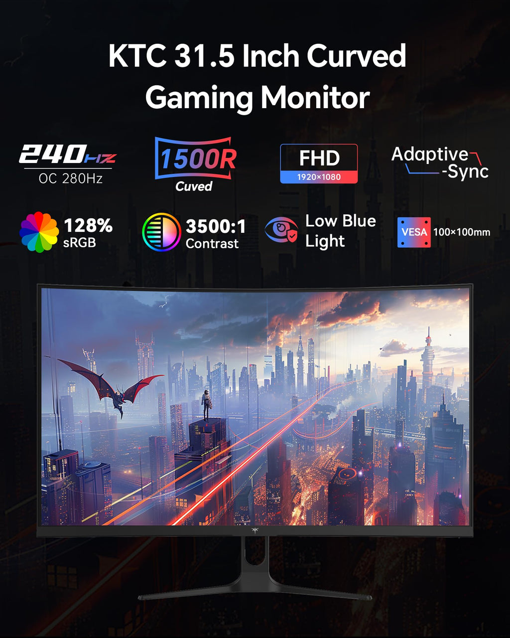 KTC 32 Inch Curved 280Hz Gaming Monitor, 240Hz Computer Monitor FHD, H32C5