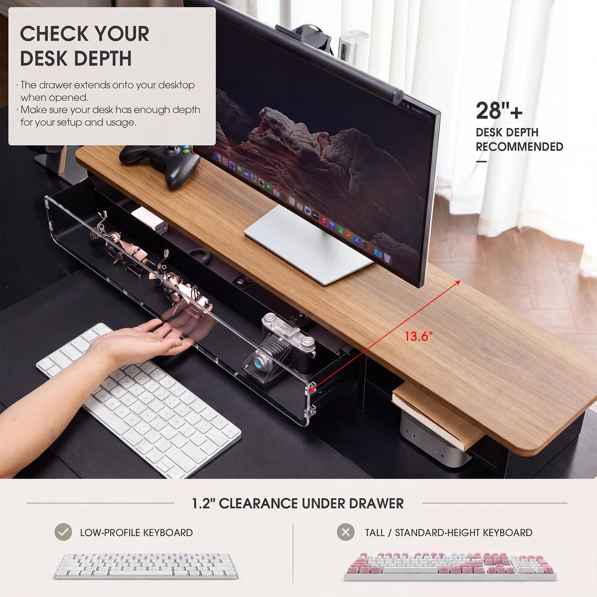 Fenge 42.5-inch Dual Monitor Stand Riser with Large Acrylic Drawer, Brown