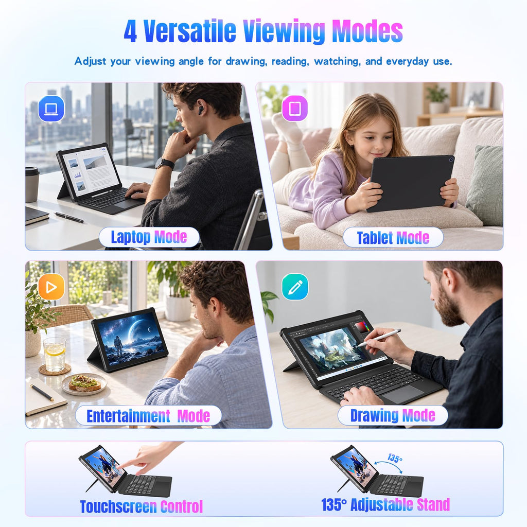 2 in 1 Laptop 10.1" Win11 Pro Tablet PC with Keyboard & Stylus Pen