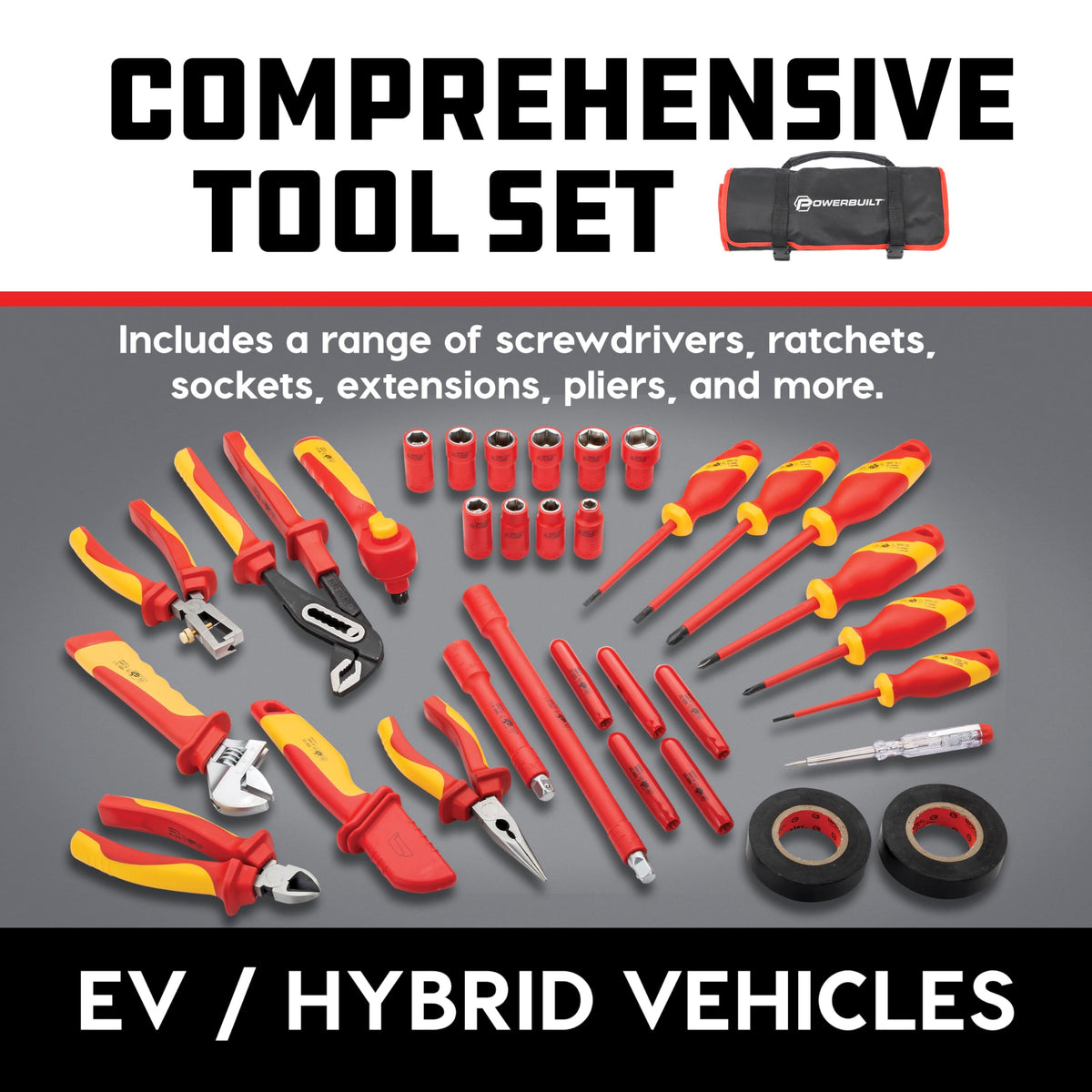 Powerbuilt 33-Piece VDE Tool Set, Insulated Ratchet, Screwdrivers, Sockets, Acessories, High-Voltage Electrical and Hybrid Vehicles, Home Repair, Certified High-Quality - 642938