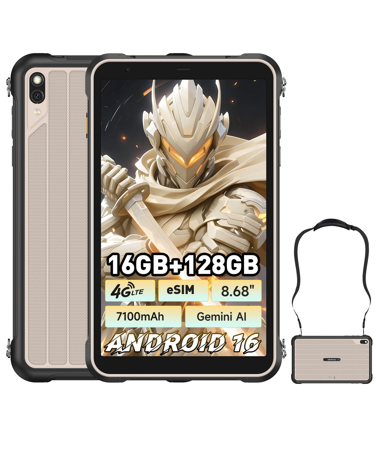 Ulefone Rugking Pad Pro 4G Rugged Tablet(Built-in eSIM), Android 16, 16GB+128GB Octa Core, 7100mAh 8.68" Corning Display 860nits Brightness, 16MP+8MP Dock Charging, IP68/69K, 133LM Super Torch - Black