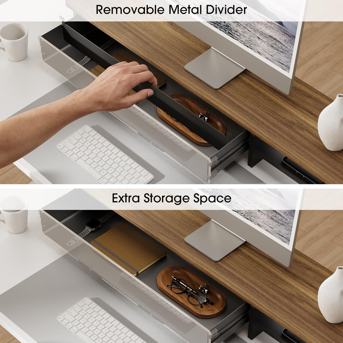 Fenge 42.5-inch Dual Monitor Stand Riser with Large Acrylic Drawer, Brown