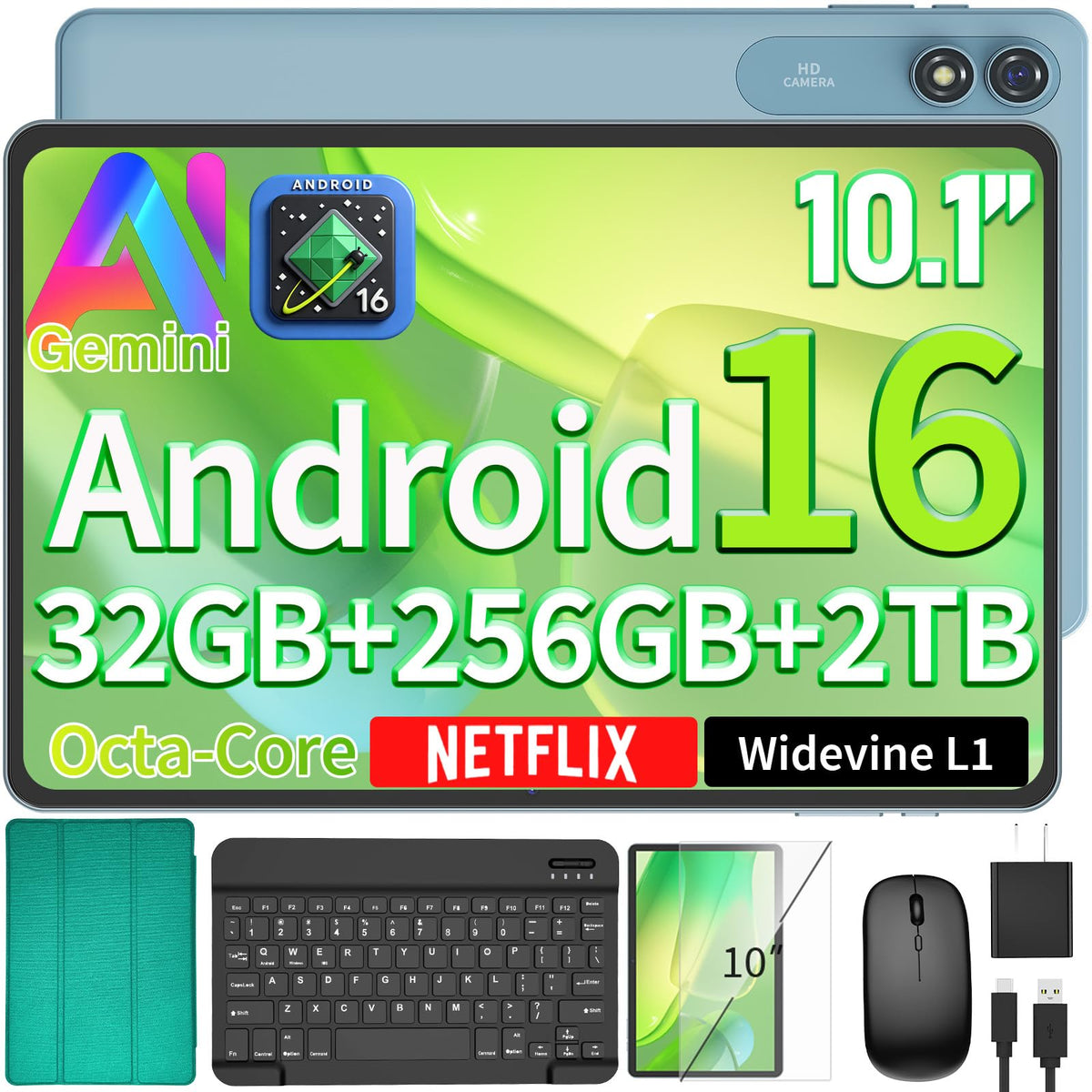 10 inch Tablet with Keyboard - Android 16 Tablet - 32GB+256GB+2TB (Black)
