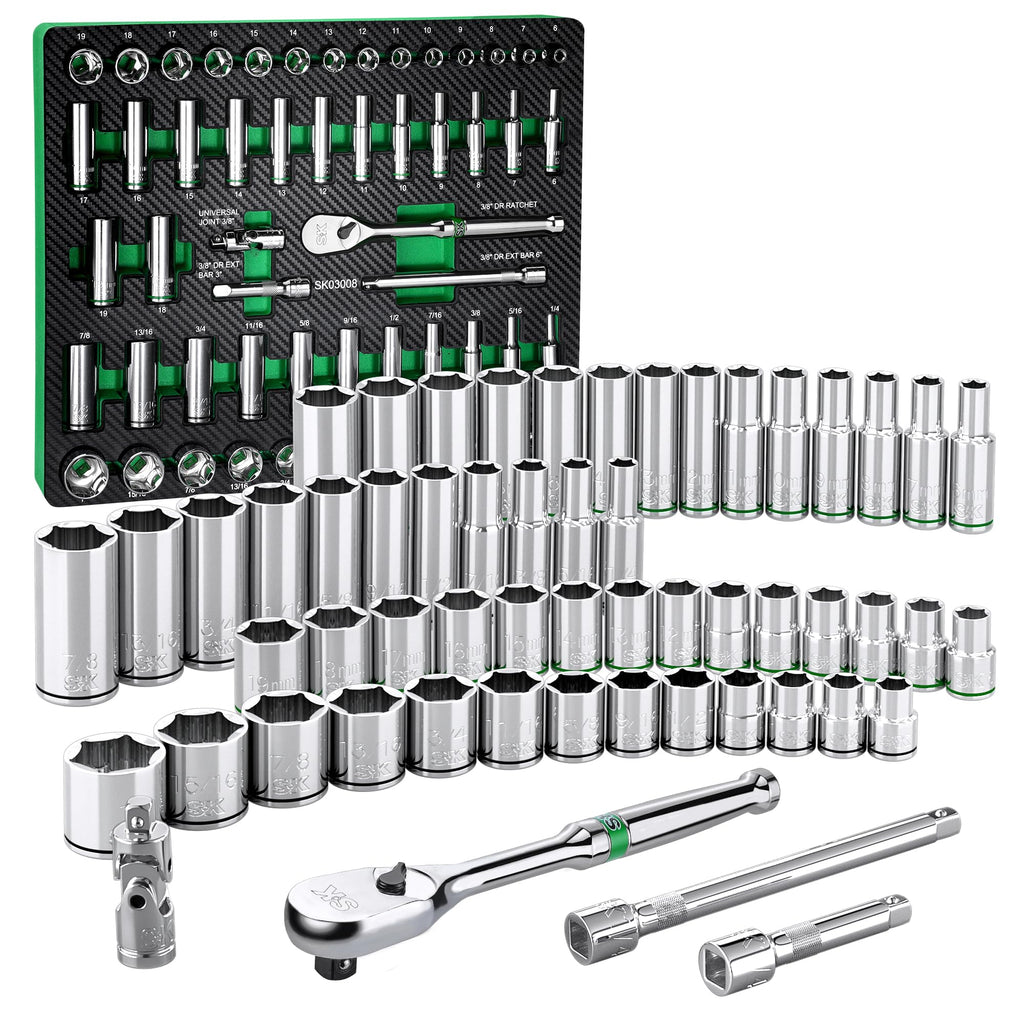 SK 3/8" Drive Socket Set with 90-Tooth Ratchet, SAE & Metric, CR-V Steel