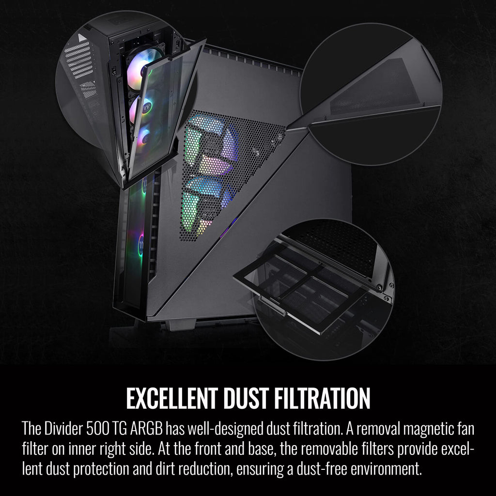 Thermaltake Divider 500 TG Black Color ARGB ATX Mid Tower Tempered Glass Computer Case with 3 120mm 5V ARGB Front Fans + 1 120mm Standard Rear Fan + 2 Symmetrical Triangular Panels CA-1T4-00M1WN-01