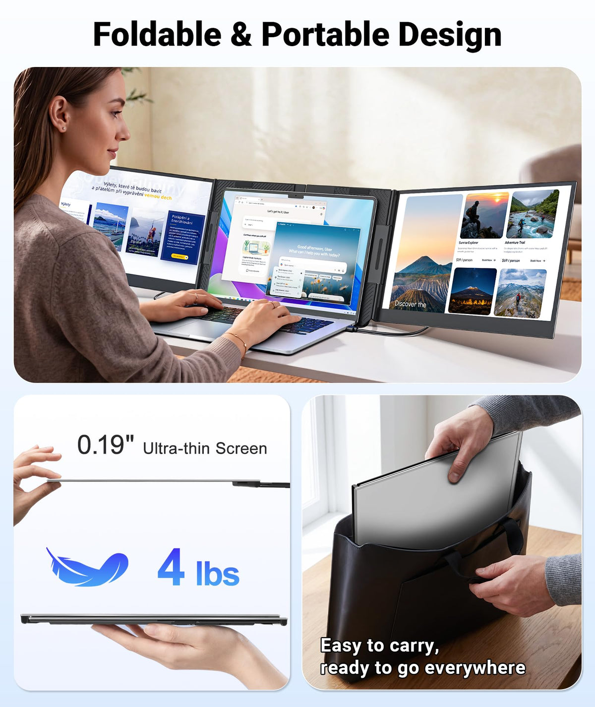 Synnov 15.6“ Laptop Screen Extender, 1080P FHD Ultra Light & Portable Triple Monitor for Laptops, Fit for 12"-17.3" Laptops, Plug & Play Travel Monitor Extender Compatible with Wins/MacOS/Chrome