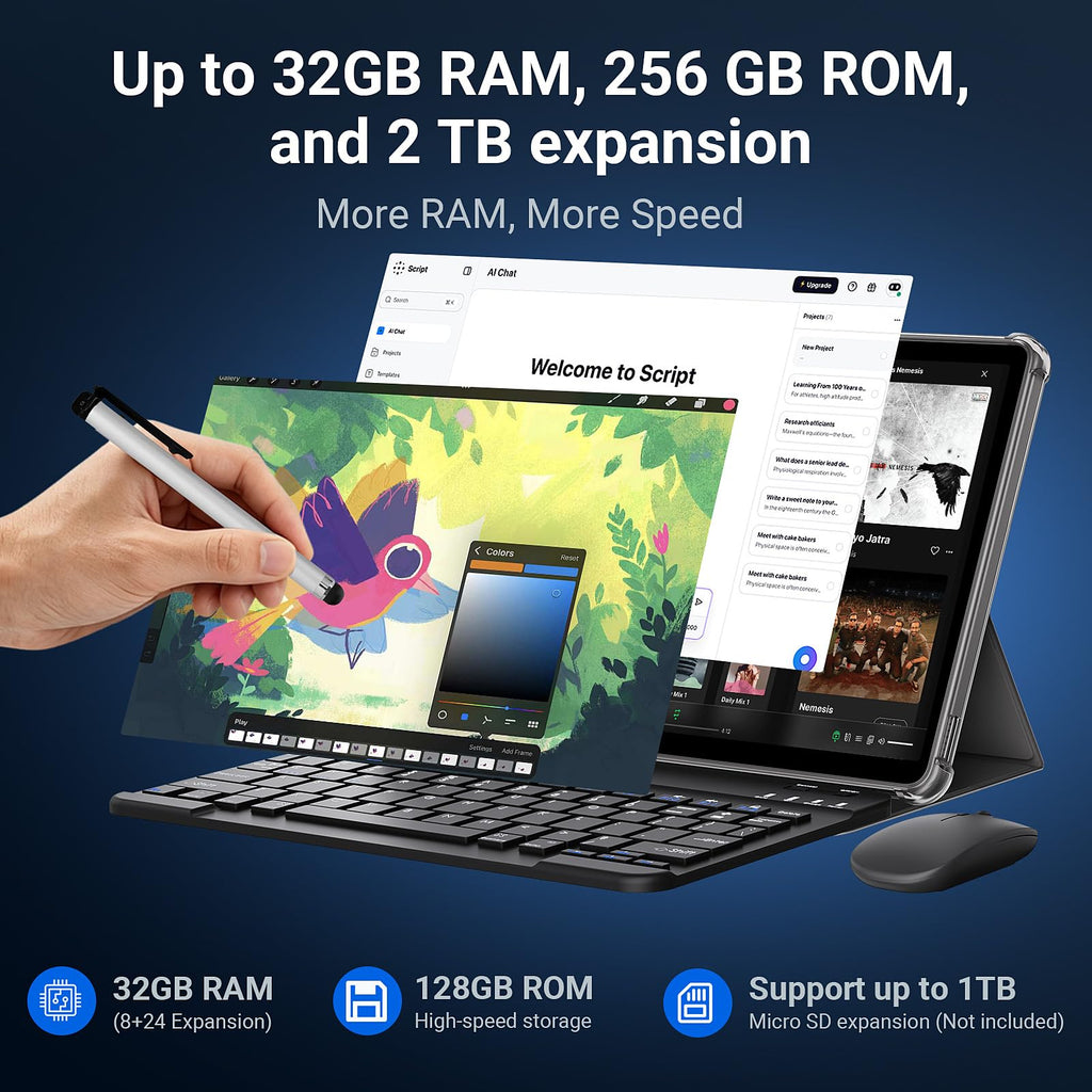 11 Inch Android 16 Tablet with Keyboard and Mouse, 32GB RAM 128GB ROM (1TB Expandable), Octa-Core Processor, 1920x1200 FHD IPS Display, 8000mAh Battery, 5G WiFi, Dual 5MP/8MP Camera, Bluetooth