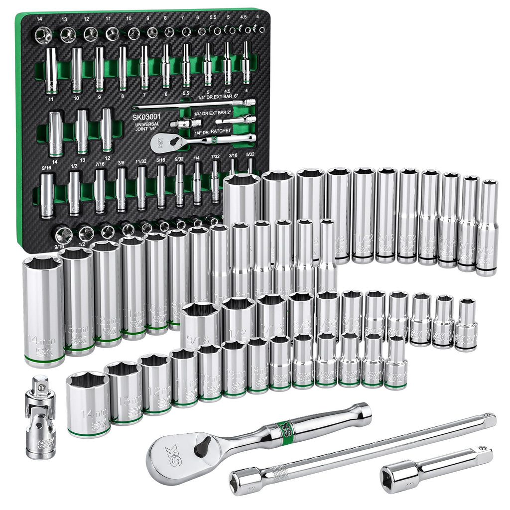 SK 3/8" Drive Socket Set with 90-Tooth Ratchet, SAE & Metric, CR-V Steel