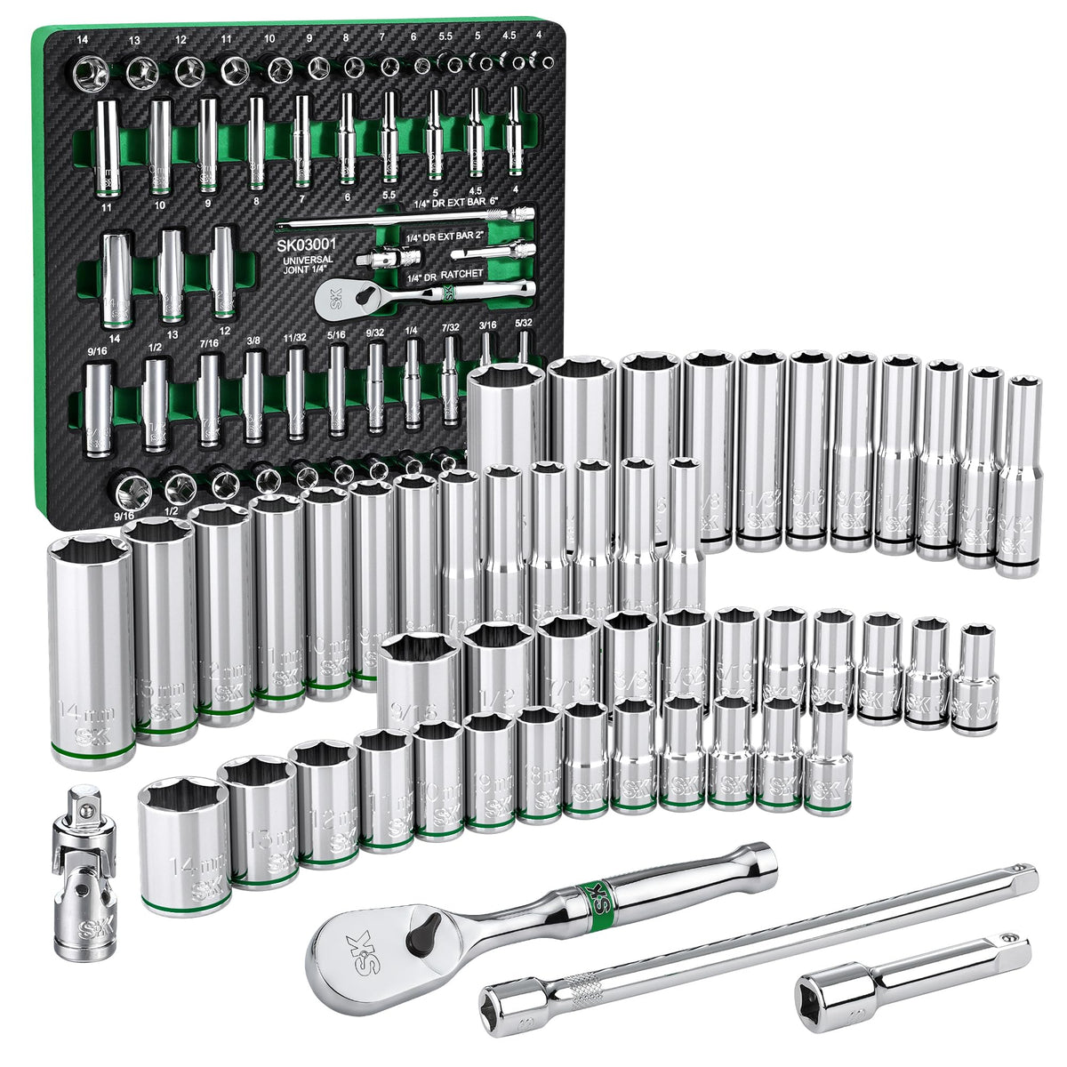 SK 3/8" Drive Socket Set with 90-Tooth Ratchet, SAE & Metric, CR-V Steel