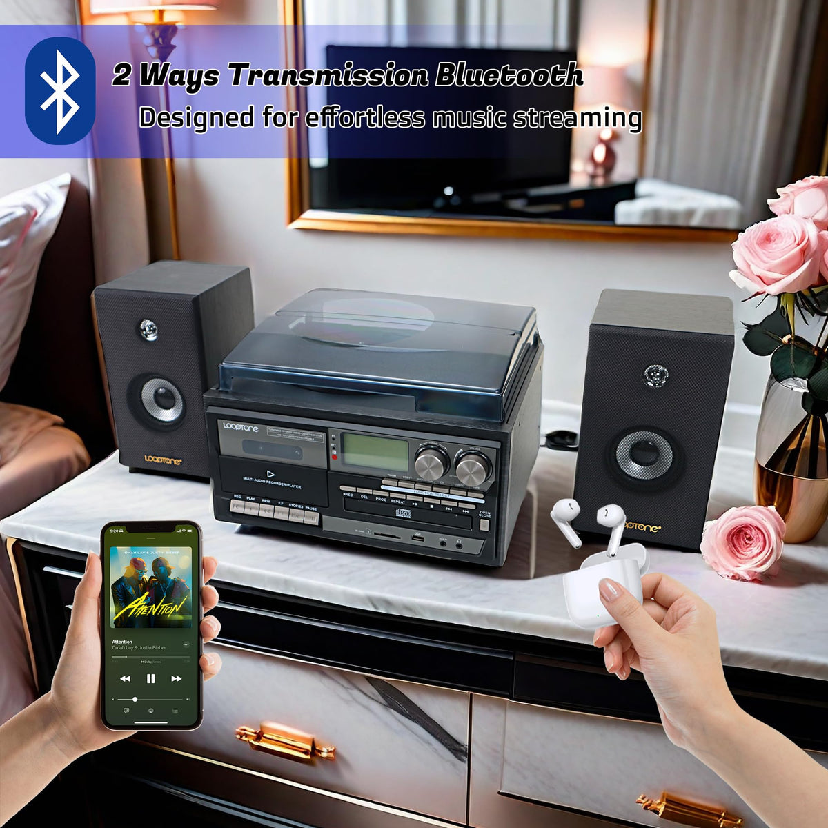 Vinyl Record Player with Dual 15W External Speakers 10 in 1 3 Speed Bluetooth Vintage Turntable CD Cassette Player AM/FM Radio USB Recorder Aux-in RCA Line-Out (Black)
