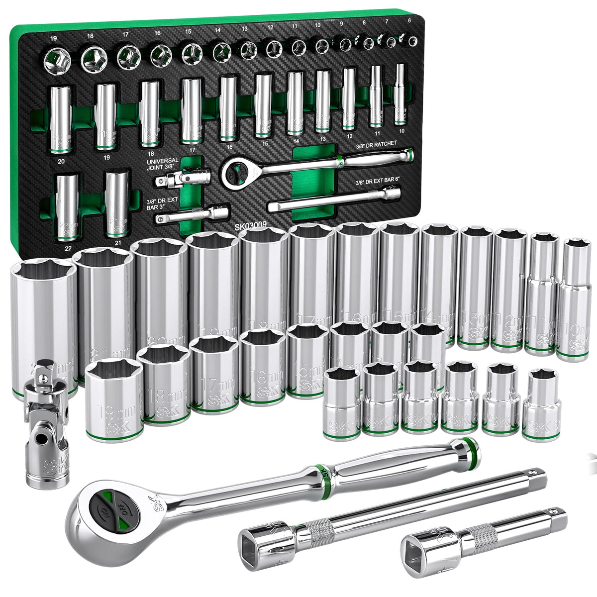 SK 3/8" Drive Socket Set with 90-Tooth Ratchet, SAE & Metric, CR-V Steel