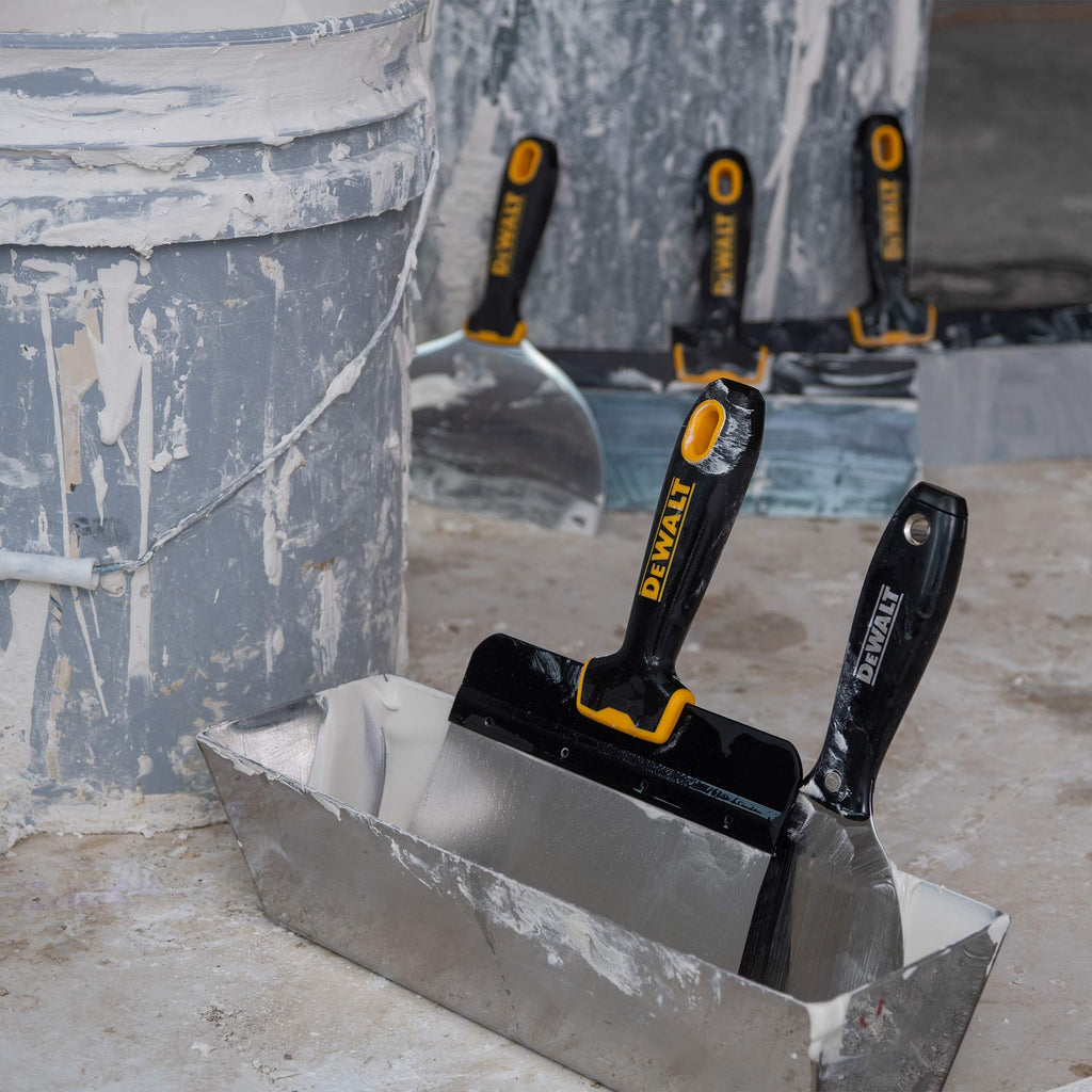 DEWALT DELUXE Stainless Hand Tool Set | 8/10/12" Taping Knives, 3/4/5/6/8" Putty Knives, 2 Mud Mixers + FREE BONUS 14" Mud Pan | DXTT-3-609