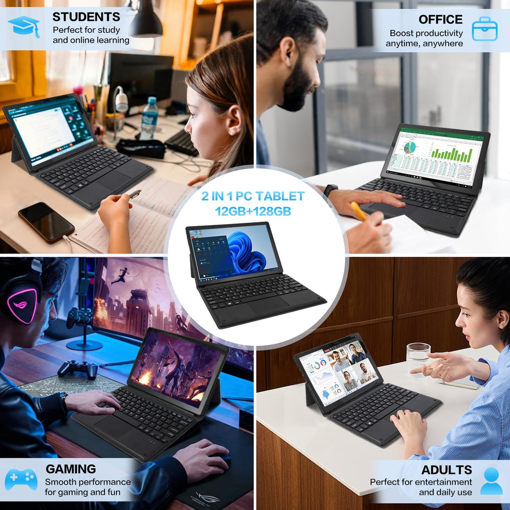 10.1" 2-in-1 Windows Tablet / Laptop, IPS Touchscreen,12GB RAM 128GBSSD