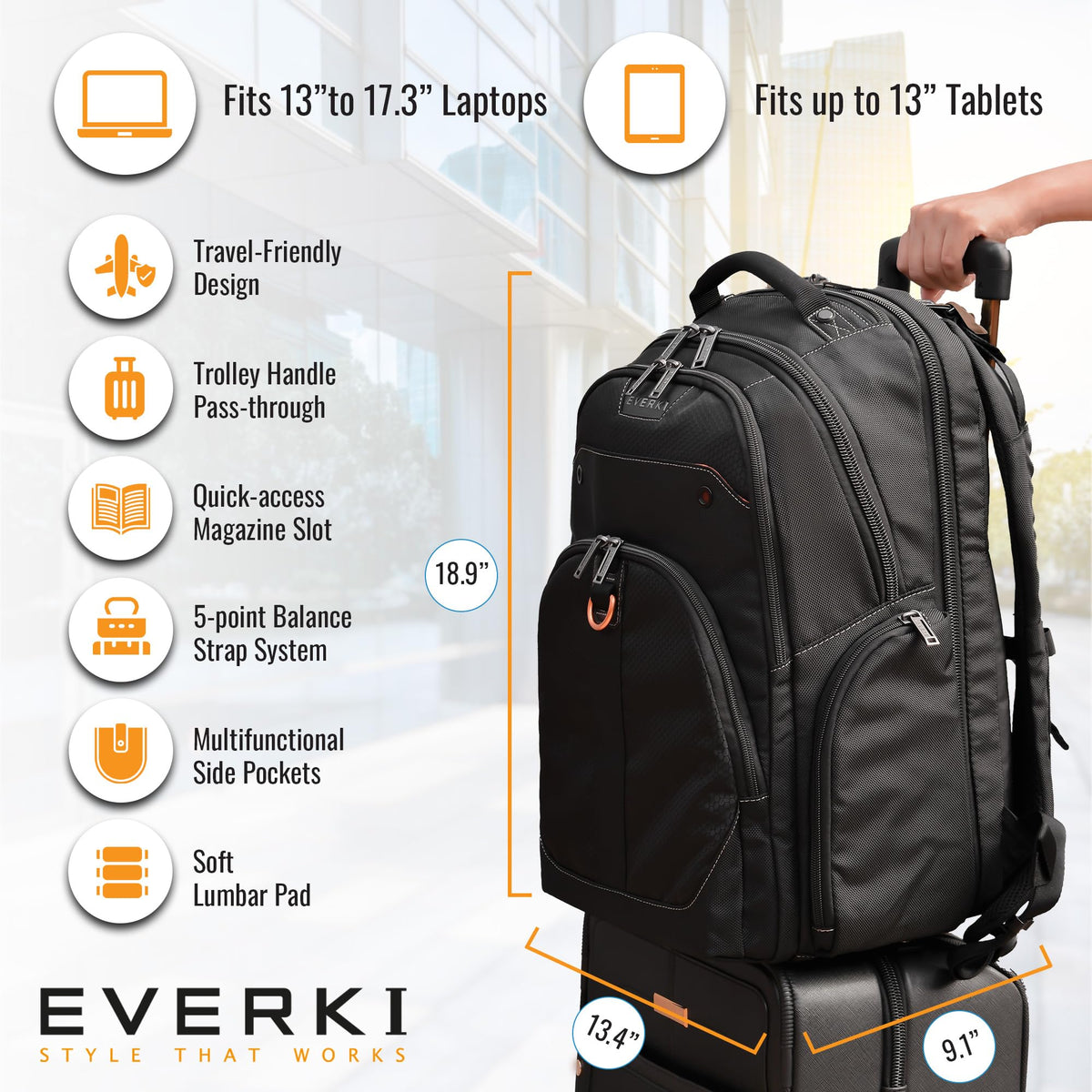 EVERKI Atlas Business Laptop Backpack (EKP121) with Orange Accessory Pouch - Men's Backpack with 13"-17.3" Compartment, 32L Capacity - Travel-Friendly Backpack & Accessory Pouch Bundle