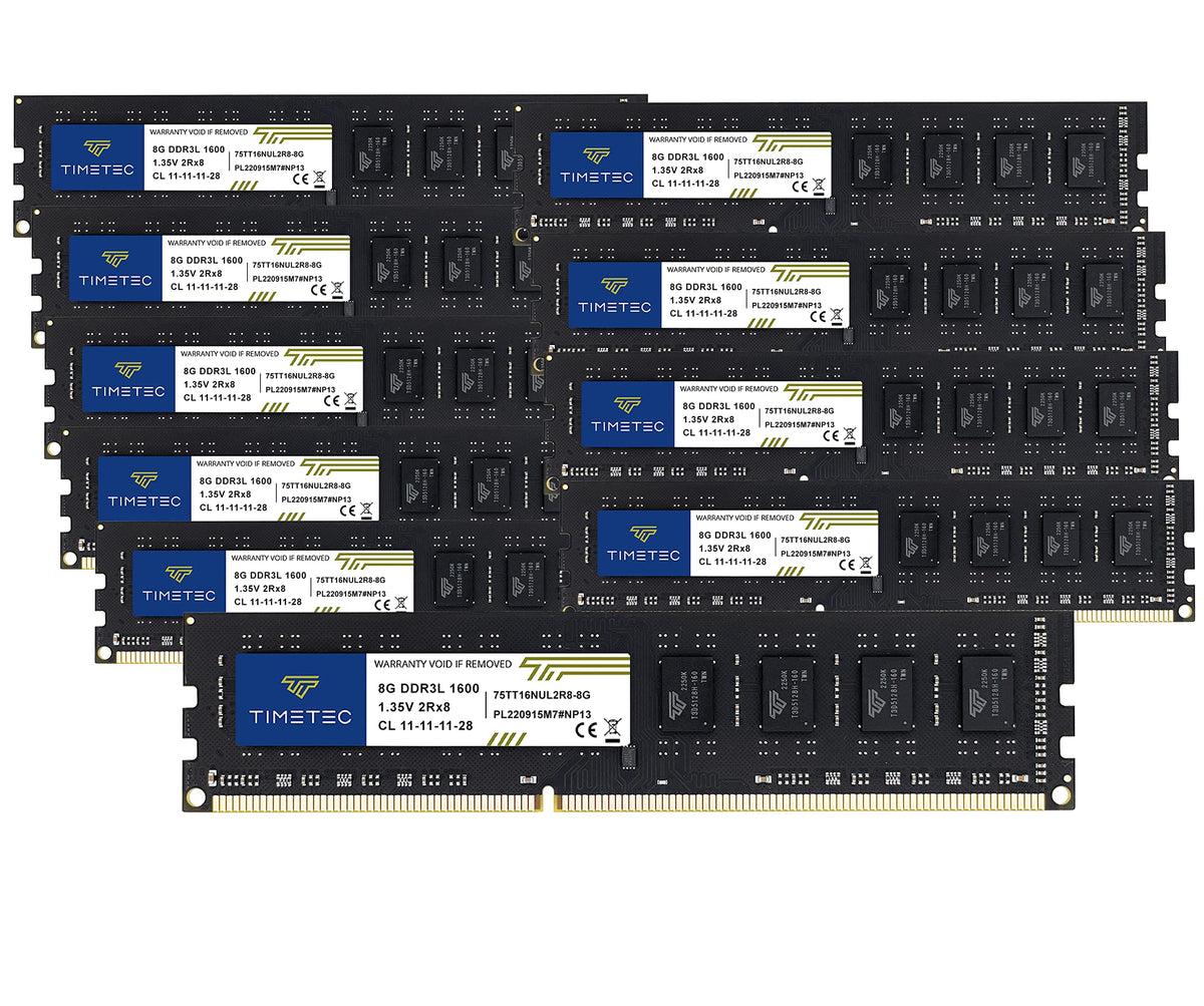 Timetec 80GB KIT(10x8GB) DDR3 1600MHz (DDR3-1600) PC3-12800 (PC3-12800U) Non-ECC Unbuffered 1.5V CL11 2Rx8 Dual Rank 240 Pin UDIMM Desktop PC Computer Memory RAM(SDRAM) Module Upgrade