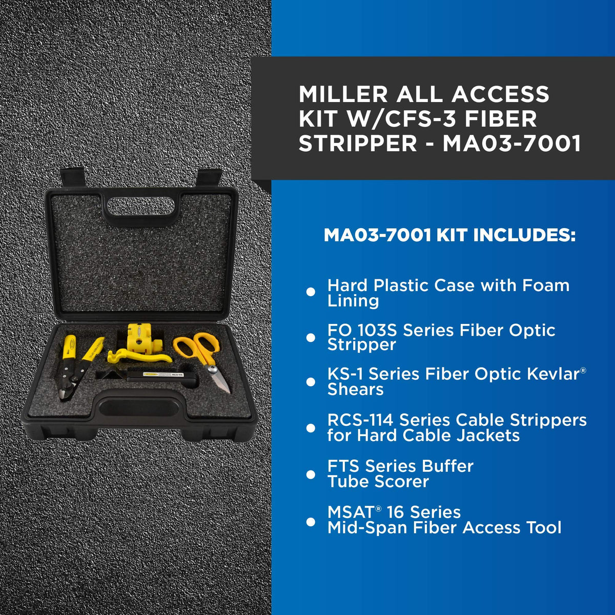 Miller MSAT All Access Tool Kit: Includes 3 Hole Fiber Optic Stripper, Kevlar Scissors, Cable Stripper for Hard Cable Jackets, Buffer Tube Scorer, & a Mid-Span Fiber Access Tool