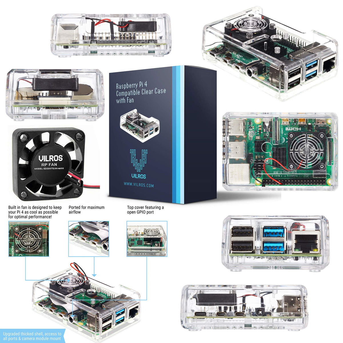 Vilros Raspberry Pi 4 Complete Starter Kit- Includes Raspberry Pi 4 Board, Fan Cooled Case, 64GB Preloaded Micro SD Card and More (8GB, Clear Transparent Case)
