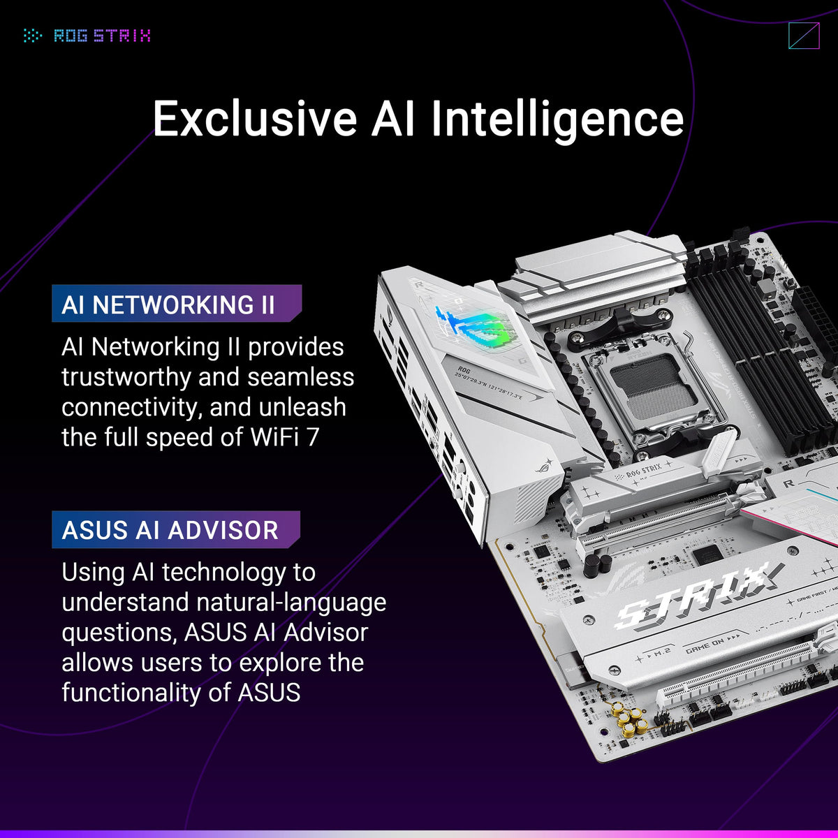 ASUS ROG Strix B850-A Gaming WiFi AMD AM5 B850 ATX Motherboard 14+2+2 Power Stages, DDR5 AEMP, 2.5G LAN 7 with Q-Antenna, 4X M.2, PCIe® 5.0, USB 20Gbps Type-C, AI Networking II, ASUS Advisor