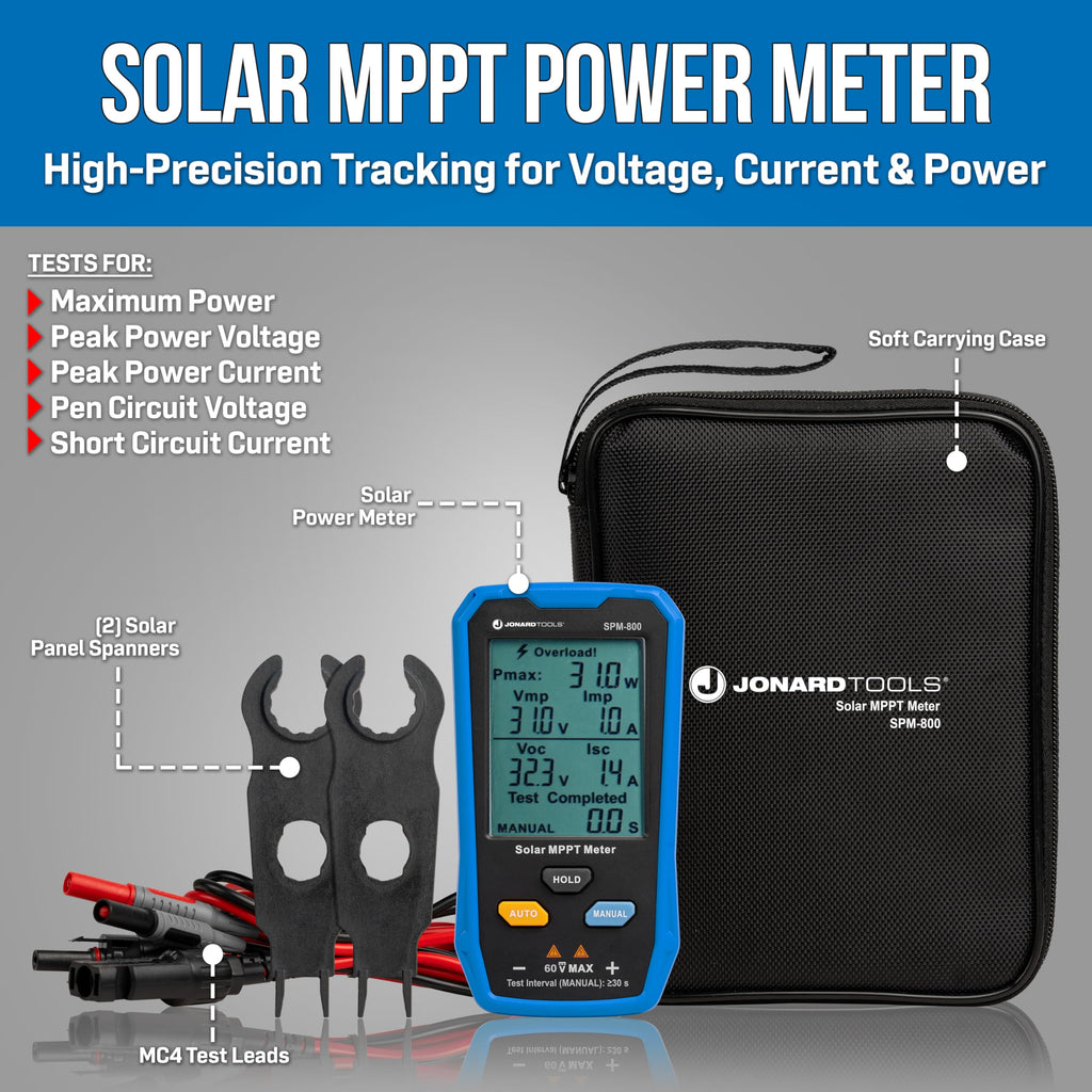 Jonard Tools SPM-800 Solar MPPT Power Meter - High-Precision Voltage, Current & Power Measurement, MC4 Leads, LCD Display, Safety Protections for Solar Panels