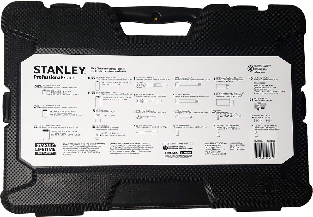 STANLEY Professional Grade Black Chrome New Mechanics Tool Set (Socket Set-229 Pieces)
