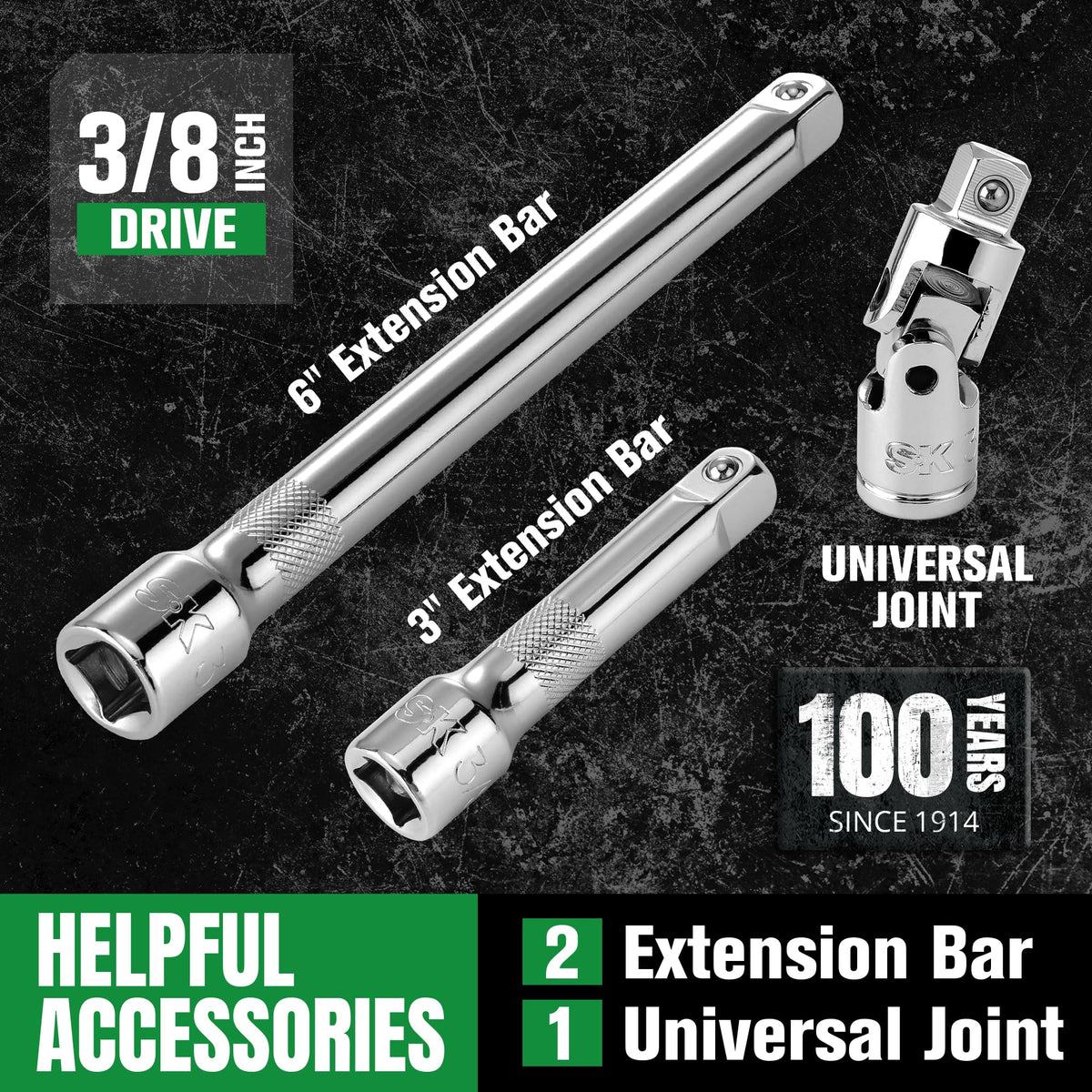 SK 3/8" Drive Socket Set with 90-Tooth Ratchet, SAE & Metric, CR-V Steel