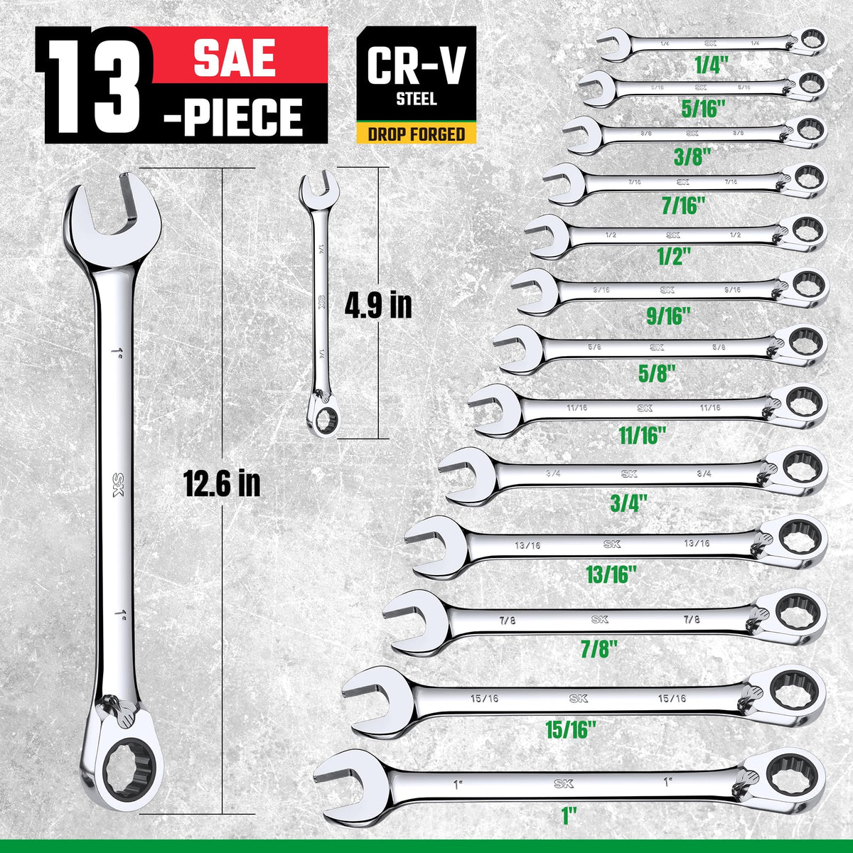 SK Reversible Ratcheting Combination Wrench Set, 13-Piece, SAE 1/4" to 1"